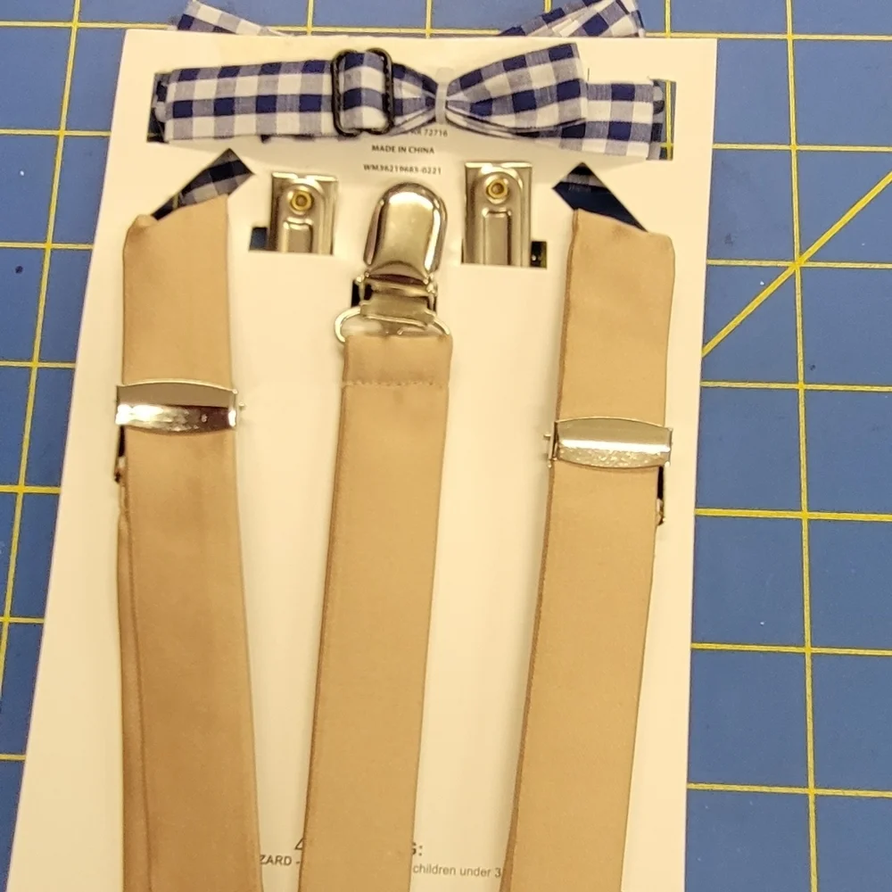 2 Piece Set of a Boys Suspender Tan & a Bowtie in Blue/White